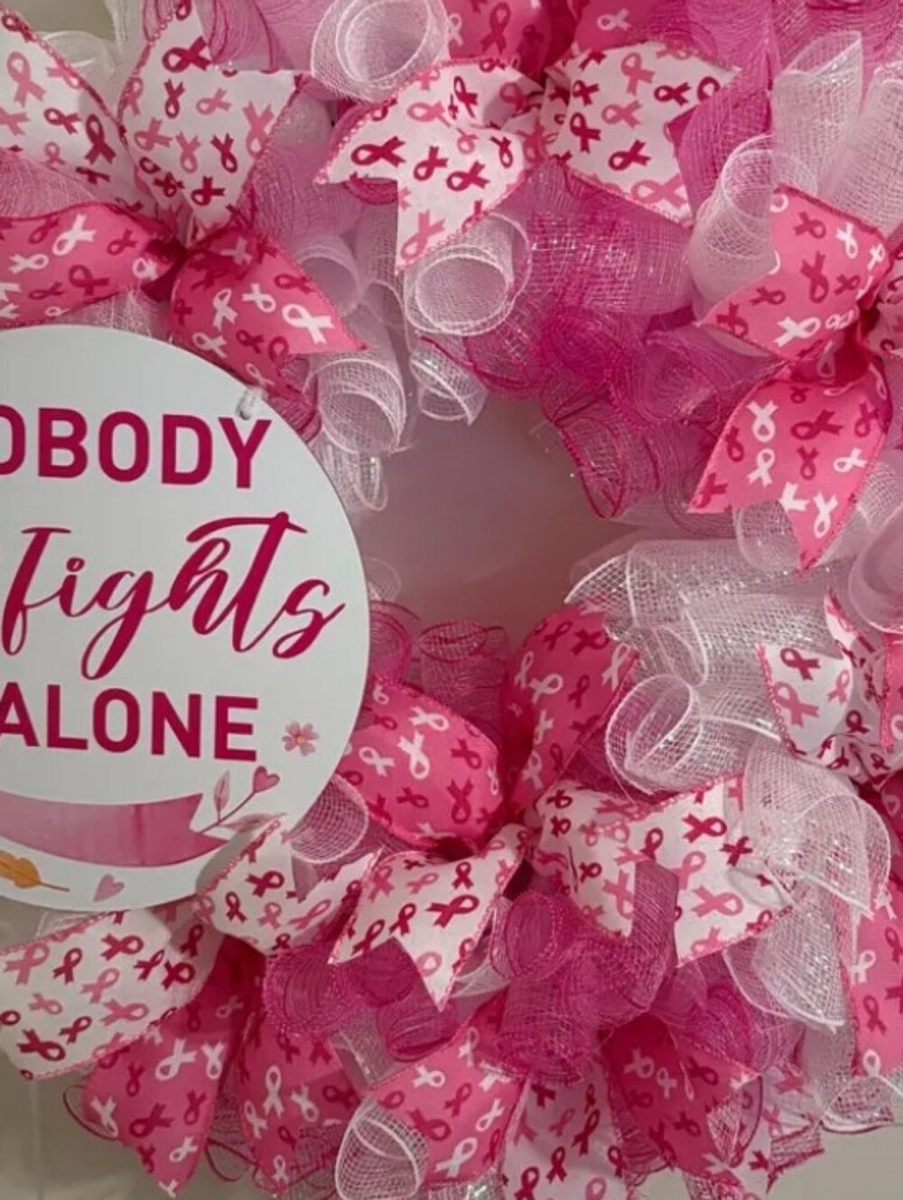 Nobody Fights Alone Pink Breast Cancer Awareness Wreath - Picture 4 of 4